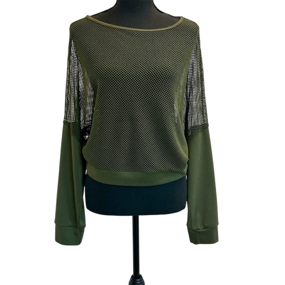 Revamped Tops - Revamped Olive Forest Green Sheer Mesh Women Sweatshirt Top L Long Sleeve
